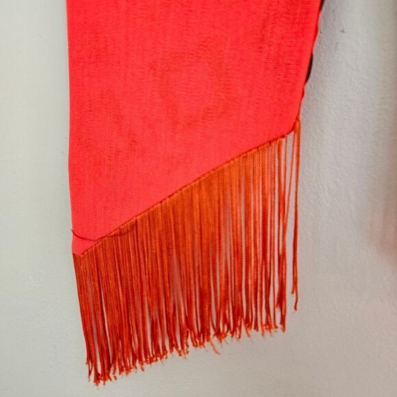 Vintage '60s Pleated Drop Waist Coral Sleeveless V-Neck Wool? Dress with Scarf 6 - Picture 12 of 15